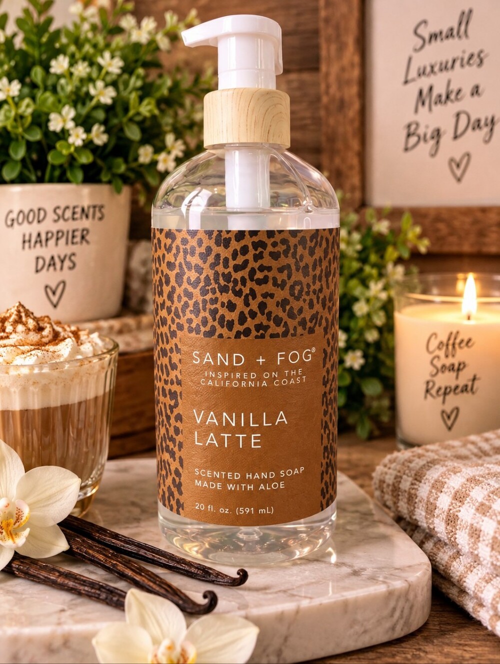 Sand + Fog Vanilla Latte Scented Hand Soap 20 oz Aloe Leopard Print